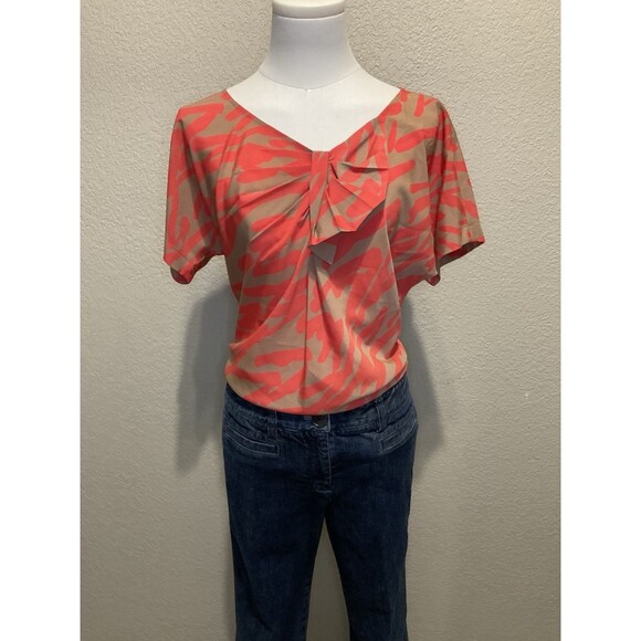 LOFT Tops - LOFT, Short Sleeve Blouse, Tan W/Poppy Orange Print, Size: S